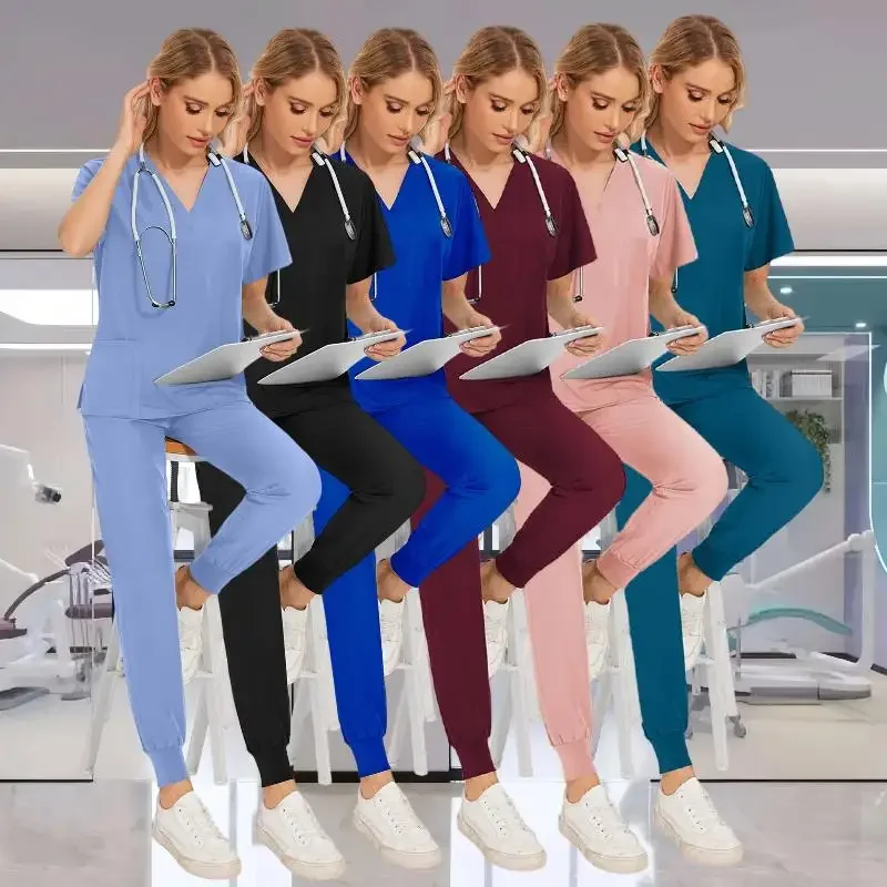 

Multicolour Jogger Suits Doctor Nursing Uniforms Short Sleeve V-neck Tops Pocket Pants Nurse Scrubs Set Medical Clinical Clothes