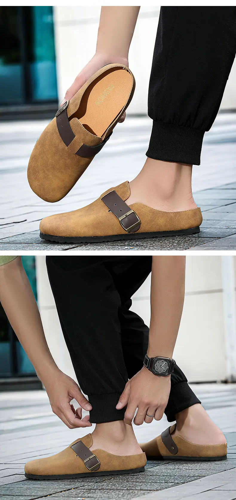 Bequeme Herren-Hausschuhe mit Lederobermaterial, Sommer-Freizeitschuhe, leicht, atmungsaktiv, für den Innen- und Außenbereich – Detail 7