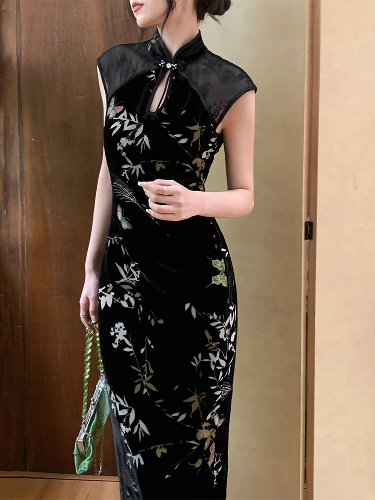 New Chinese style splicing dress women\'s sleeveless long velvet cheongsam skirt