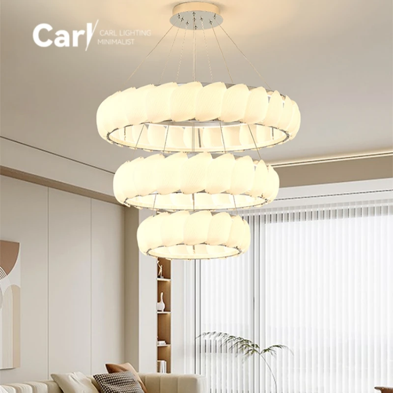 French Cream Style Living Room Pendant Light Designer Creative Circular Shell Feather Glass Dining Room Bedroom Decorative Light