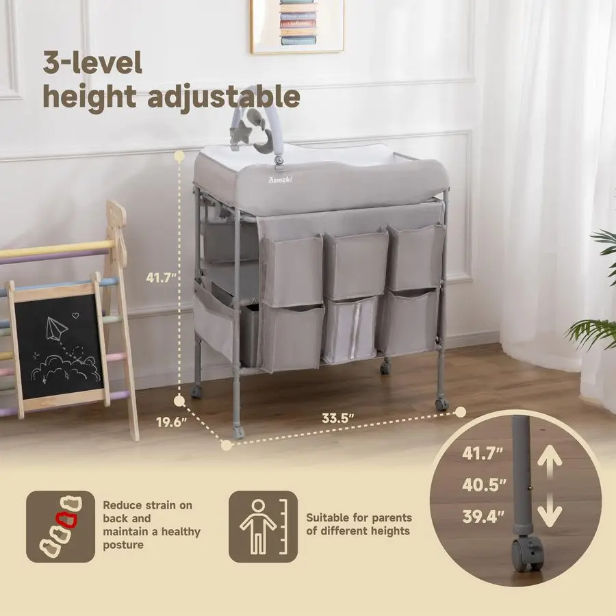 طاولة تغيير، طاولة تغيير قابلة للطي محمولة متعددة الاستخدامات، محطة تغيير حفاضات مقاومة للماء مع سلة نفايات، ارتفاع قابل للتعديل #4