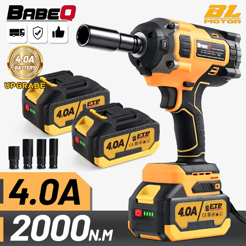 BABEQ 2000NM Brushless Electric Impact Wrench Upgraded 4.0A Battery Cordless Electric Wrench with 1/2 Inch Socket Power Tools