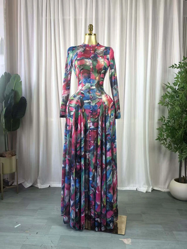 Wunderschöne Bedruckte Damenkleider mit Langen Ärmeln und Knopfleiste Vorne, Luxuriöses Maxikleid, Trendiges 2026 Party- und Abendkleid, Urlaubskleid, Langes Swing-Kleid – Detail 8