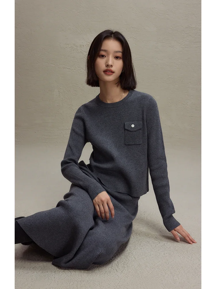 IZIQIAO-Ensemble deux pièces pour femme, pull à col rond et demi-jupe, à la mode, imbibé d\'alcool, automne et hiver 2023, nouveau