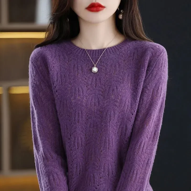 

Свитер с круглым вырезом для женщин, весна и осень, новая модель цветка Феникса с отверстиями, свободный пуловер с внутренним слоем, вязаный топ