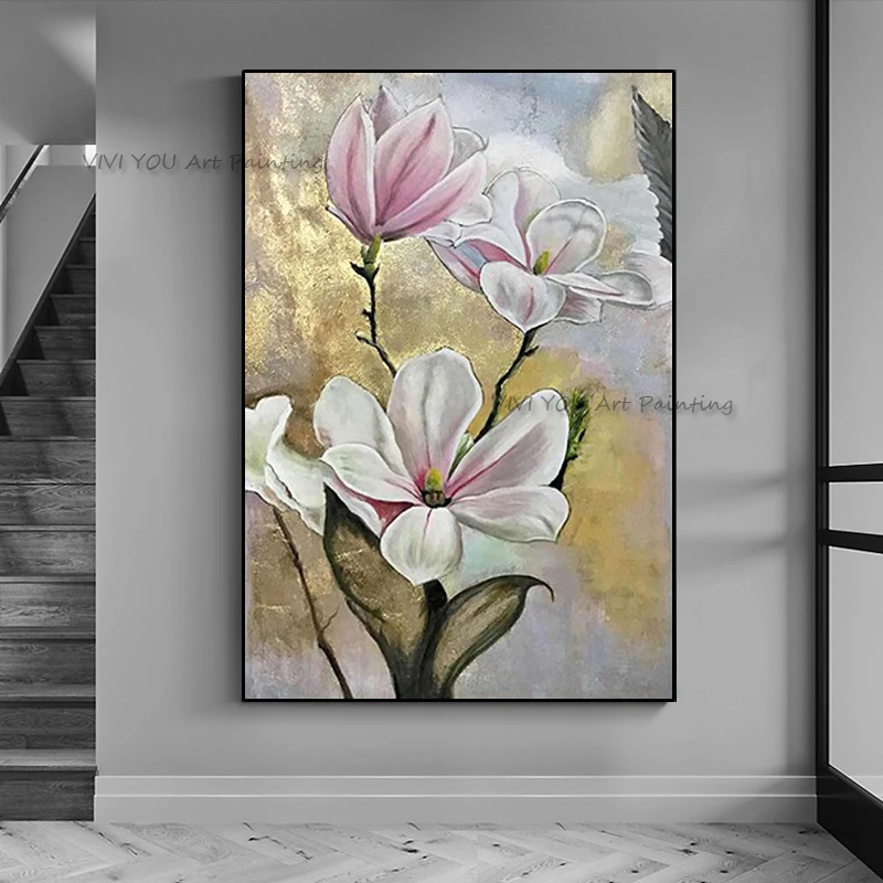 Gold Leaf Pink Magnolia Flower Oil Painting Handpainted Vertical Canvas Wall Art for Entryway Luxury Floral Textured Home Decor