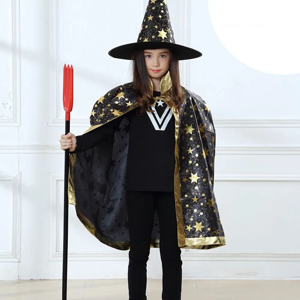 

Забавные девушки со шляпой волшебника, шапки ведьмы, детские костюмы унисекс для косплея, страшные костюмы, комплекты плащей на Хэллоуин, одежда для выступлений