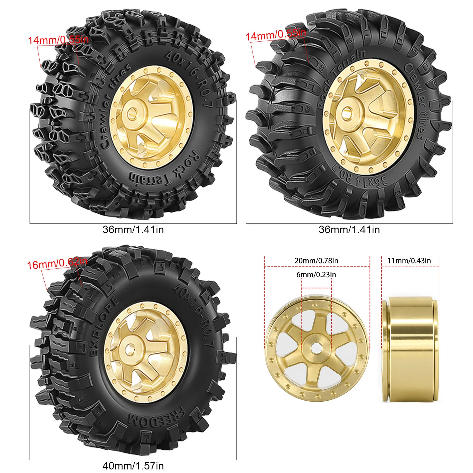 4pcs 0.7 inch 36mm/40mm Rubber Crawler Tires All Terrain Tyres & Wheel Hubs for 1/30 Axial SCX30 RC Crawler Car Upgrade Parts