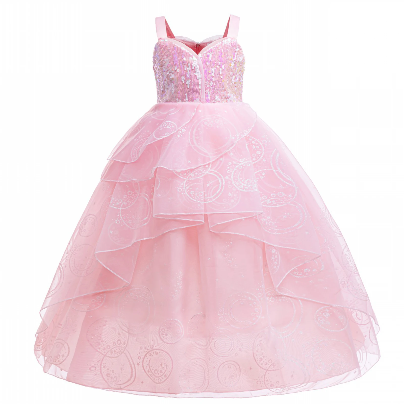 

Kids Girls Dress Sequins Wide Shoulder Straps Layered Ruffled Tulle Dress Banquet Princess Dress Halloween Cosplay Party Costume