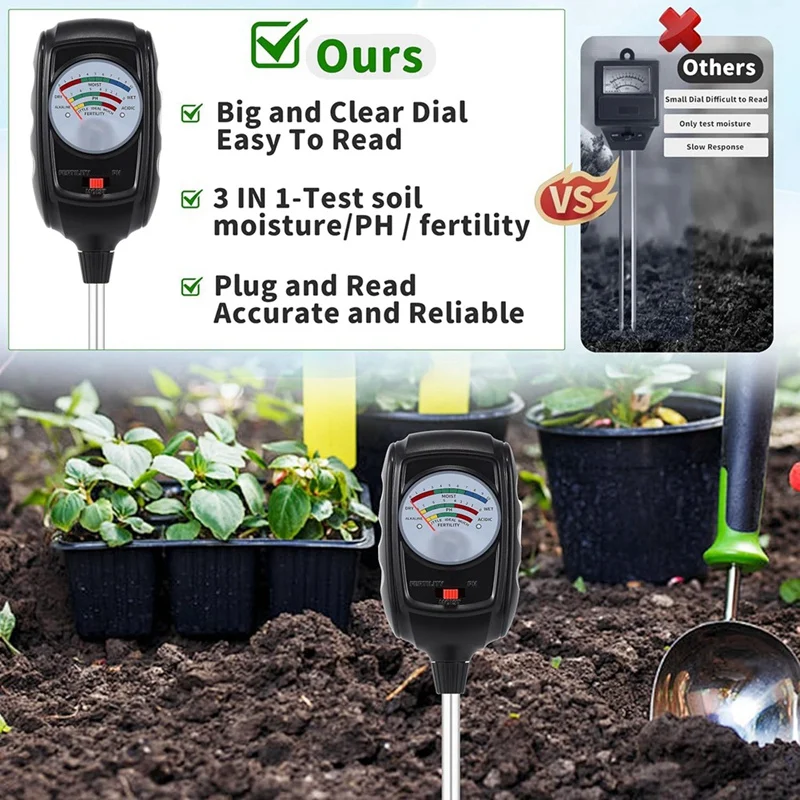 مجموعة اختبار التربة ABDJ-3-In-1، مقياس رطوبة التربة/مقياس درجة الحموضة للتربة/اختبار الخصوبة التربة، مقياس رطوبة التربة للحديقة والنباتات والمزرعة