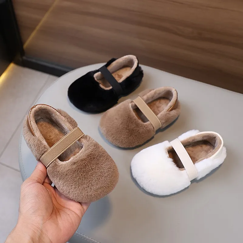 Winter Children's Shoes Solid Color Round-toe Girls Plush Shoes Outdoor Warm Slip-on Kid Fashion Causal Cotton Shoes Furry Hairy