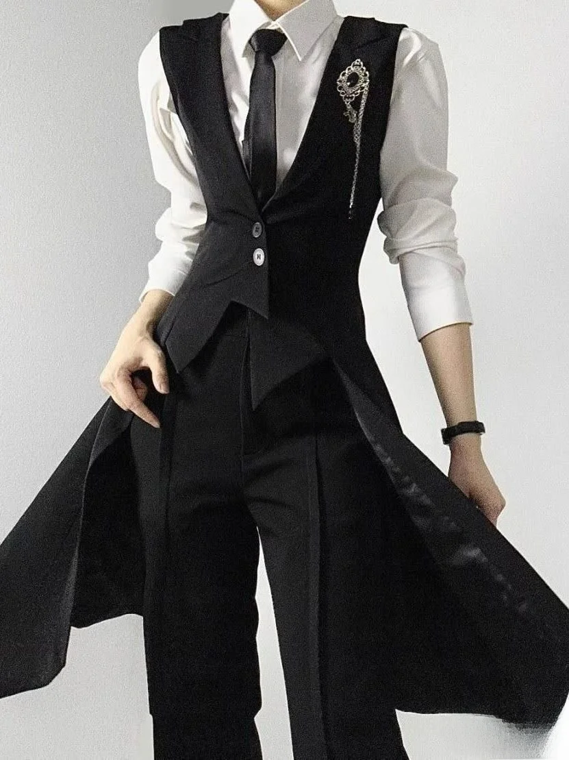 Black Tailored Vest Long Style Men's Women's Slim Fit Suit Jacket Neutral Drag Tail Suit Vest for Youth Daily Wear Autumn