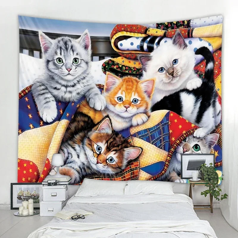 

Cute cat background decoration tapestry curtain wall cloth Nordic bohemian style background wall decoration tapestry living room