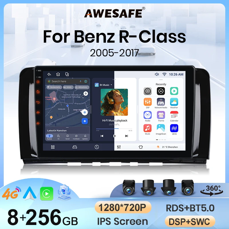 Autoradio Android/Linux AWESAFE 9" pour Mercedes-Benz Classe R R280 R300 R320 W251 2005-2017, CarPlay et Android Auto sans fil, navigation GPS, multimédia, prise en charge du volant, amplificateur de caisson de basses, caméra de recul avec CAN-BUS, prise EU Plug and Play, DAB+ numérique, DSP