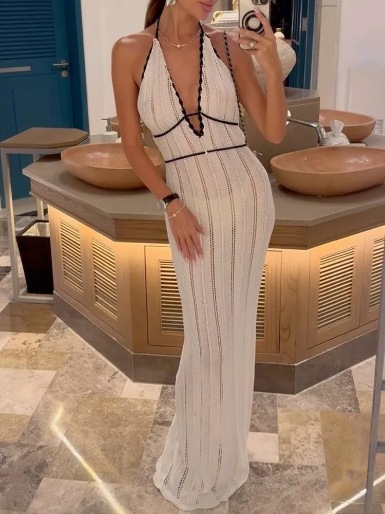 

SKMY 2025 Summer New Women Clothing Fashion Sexy V-Neck Halter Backless Sleeveless Long Dresses Party Clubwear Knitted Dress