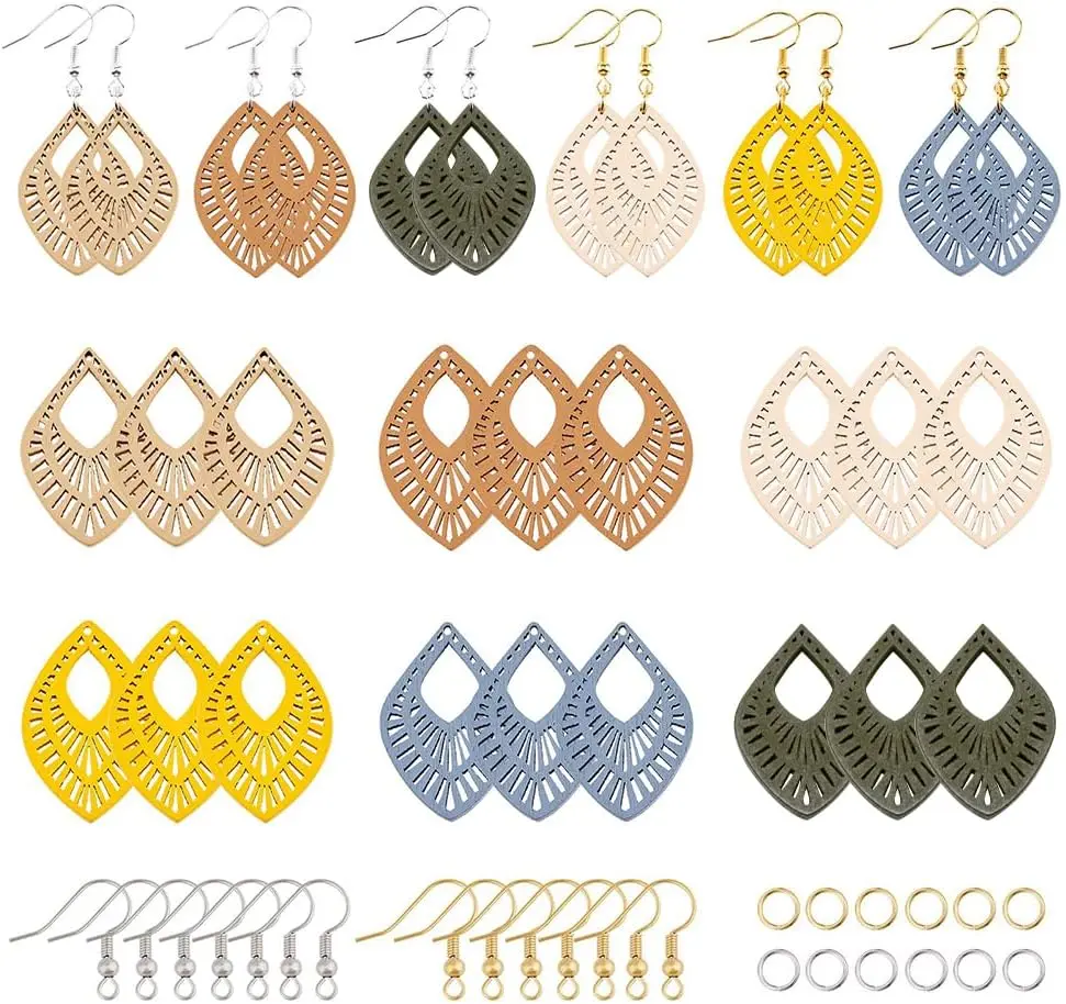 

DIY Leaf Earring Making Kits Include Dyed Laser Cut Wood Pendants Iron & Brass Earring Hooks Mixed Color Pendants