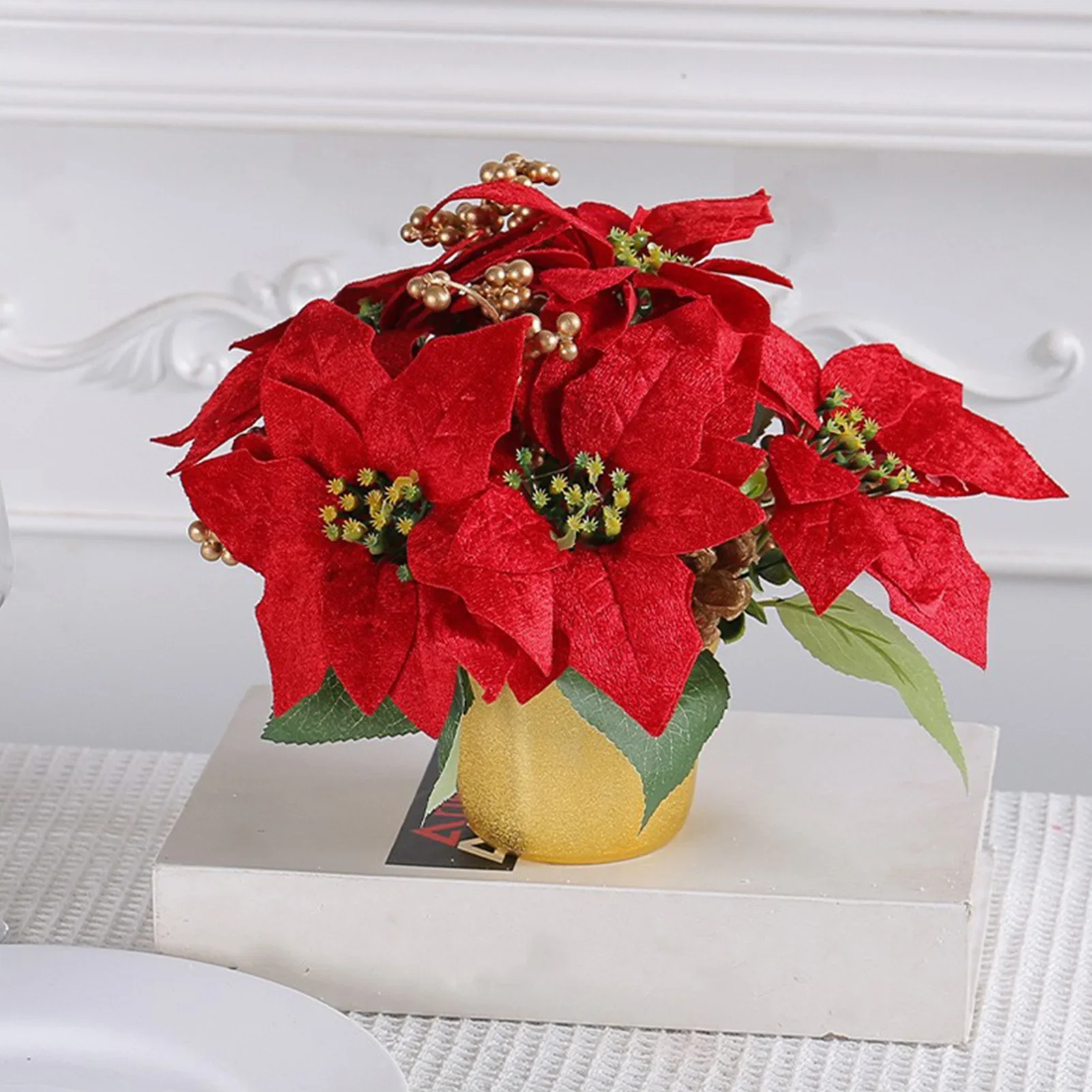 High-Quality Flannelette Artificial Flower Potted Christmas Poinsettia Decor Red Green Leaf Plastic Fabric Desktop Home Decor