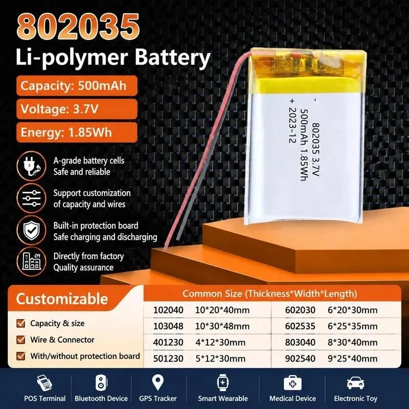 100pcs Polymer lithium battery 802035 500mAh humidifying sprayer beauty instrument massager battery 3.7V