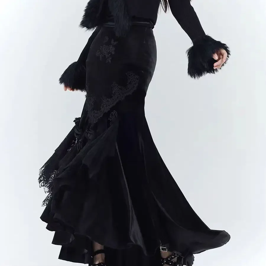 Black Velvet Skrits Women Slim Bodycon Spring Vintage Skirts Office Lady Gothic Harajuku Pure Color Clothing Outwear Chic