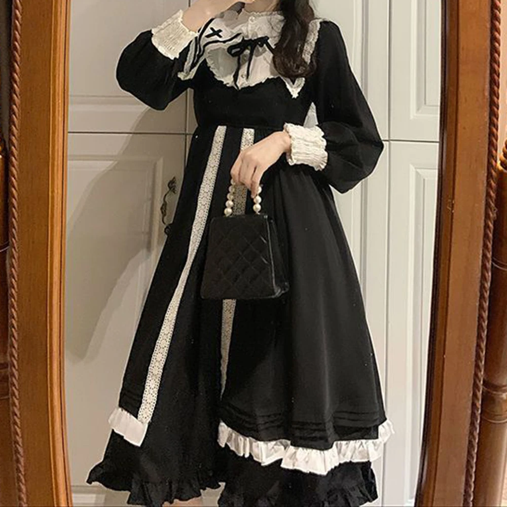 

Vintage black super fairy navy collar ruffle edge big skirt soft sister long sleeve princess dress