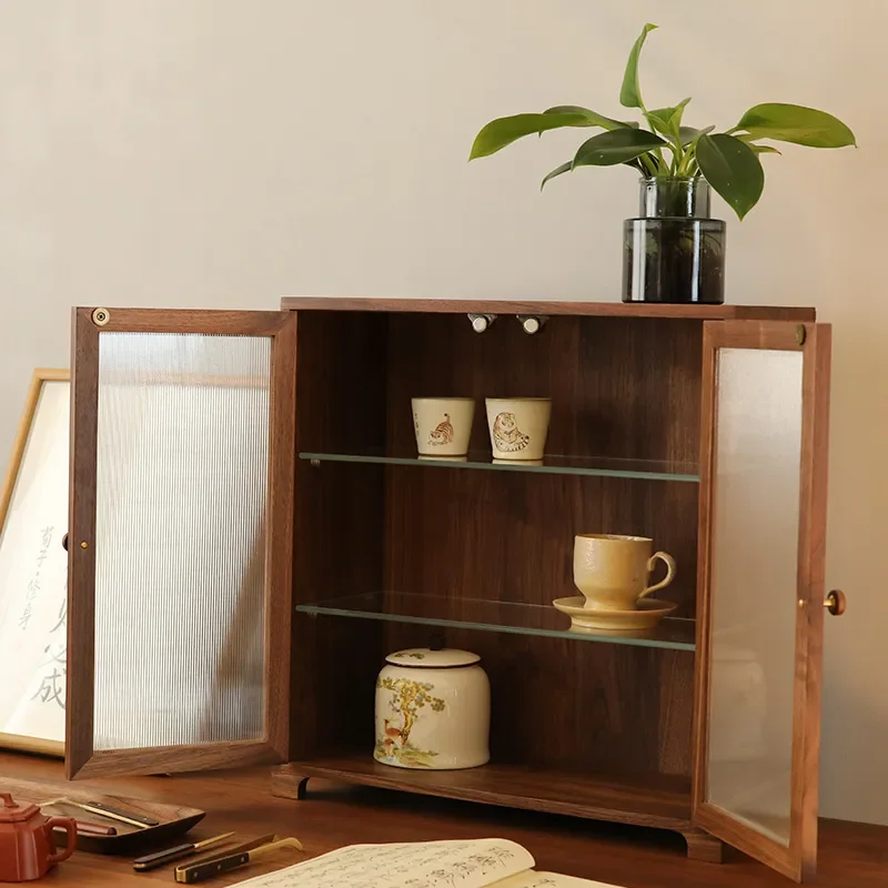 Japanese Style Black Walnut Tea Cup Storage Cabinet Solid Wood Desktop Display Shelf Double Door Multi Layer Organizer for