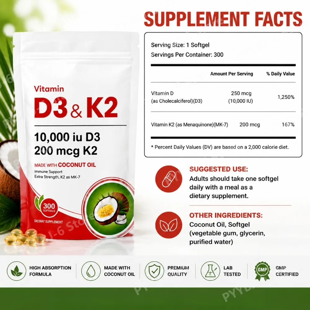 Vitamin D3 K2 Supplement 10,000 IU D3 200mcg K2 MK7 with Coconut Oil High Absorption Softgels for Bone & Immune Support 300Count