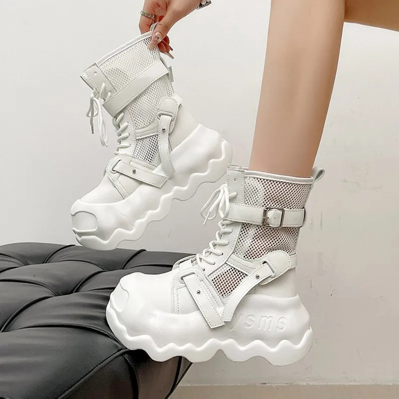 New Summer Women Thick Soled Mid-Calf Cool Boots Outdoors Lady Casual Hollow Shoes Female Breathable Mesh Boot White Botas Mujer view 5