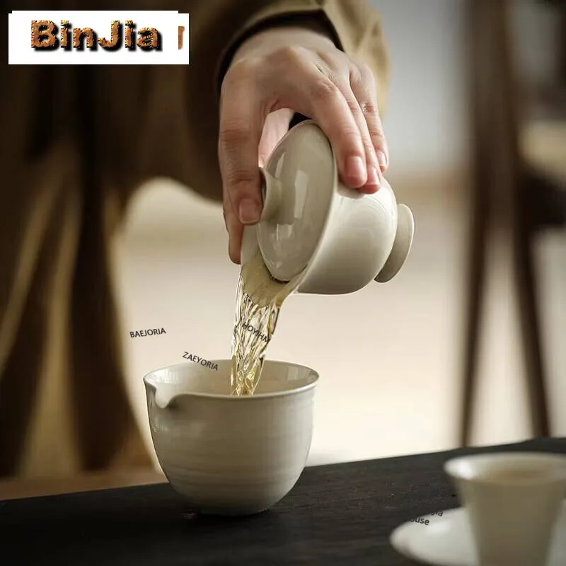 Plant Ash Solid Color Handmade Cover Bowl Household High Foot Gaiwan Antique Anti Scald Tea Tureen Tea Brewing Cafes Ornaments