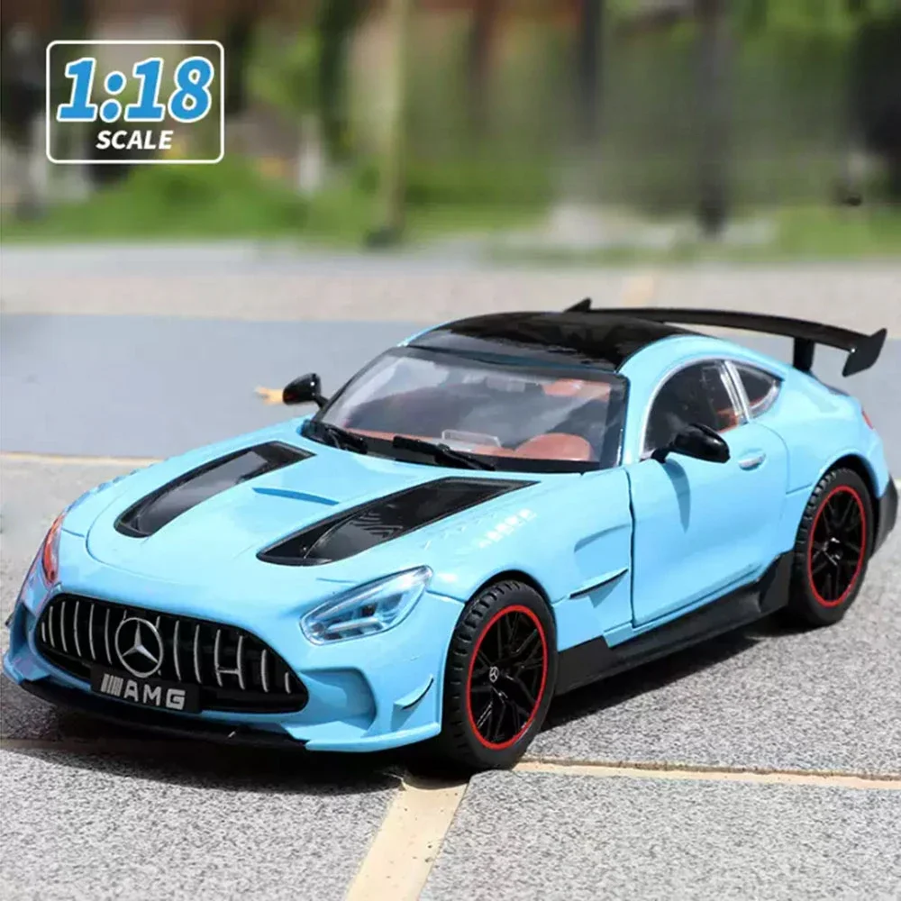 Coche en miniatura Benz AMG GT-R 1:18, juguete de aleación fundida, supercares, puertas, sonido abierto, luz, vehículo extraíble, regalos de cumpleaños para niños