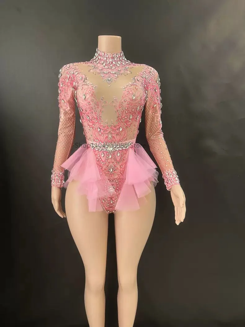 

Sparkly Rhinestones Bodysuit Women Elastic Pink Mesh Ruffles Crystal Leotard Night club Dancer Costume Stage Wear Party Outfit