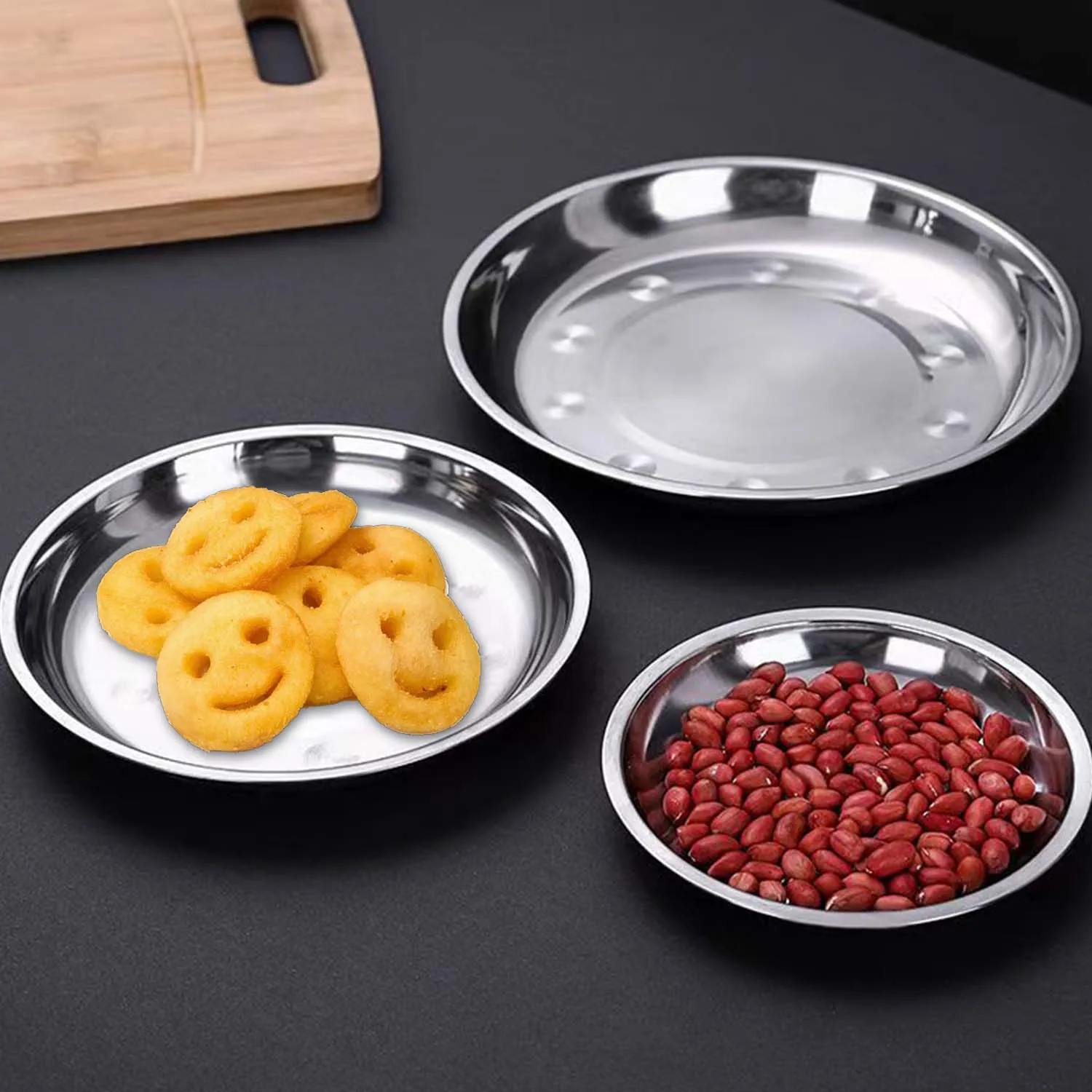 Assiettes à dîner en acier inoxydable, assiettes rondes en métal de cuisine, assiettes de service de Camping antirouille pour barbecue, collation, salade 6 pièces