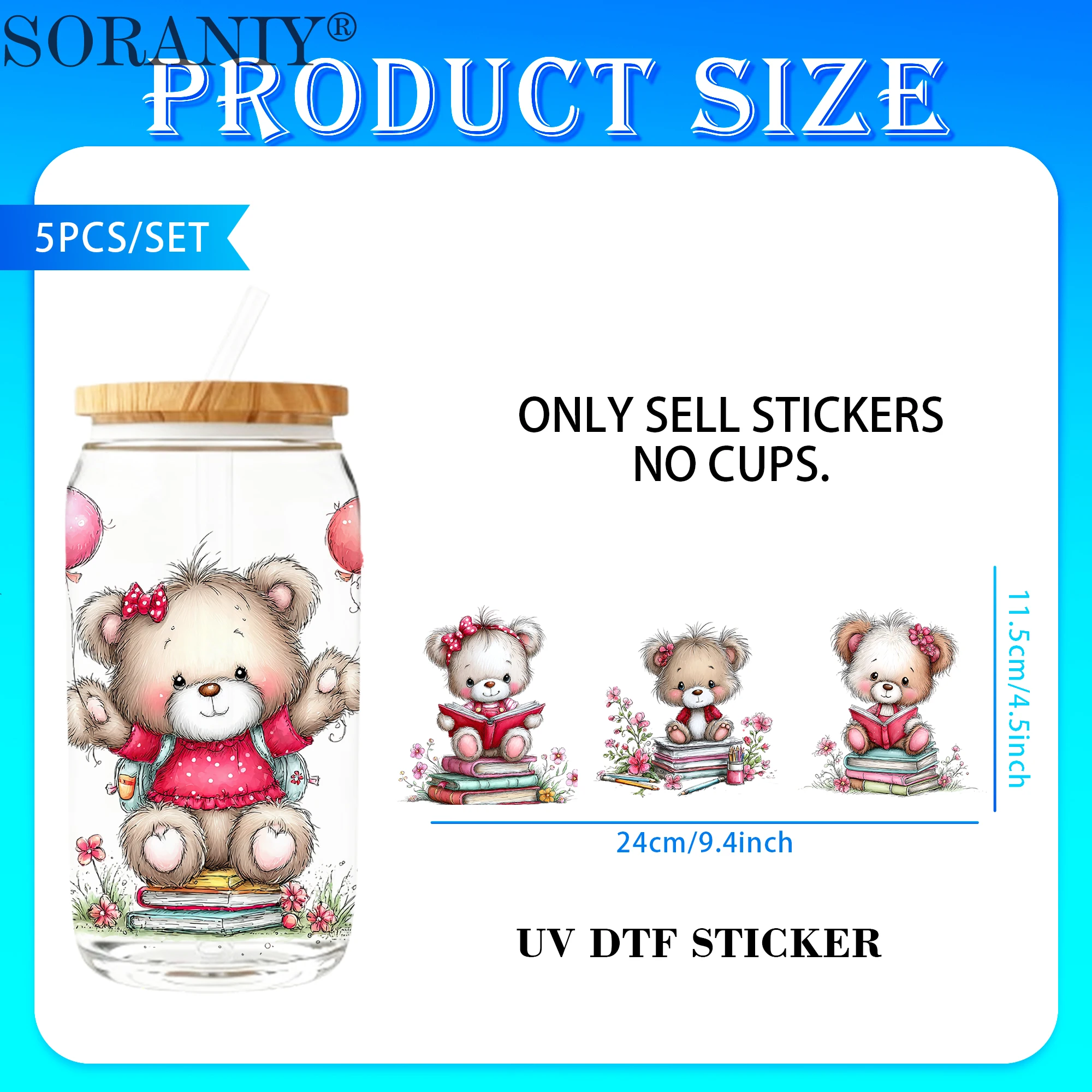 5PCS/Set Back To School Teddy Bear Themed UV DTF DIY 16OZ Transfer Stickers Water Bottles Glass Bottles