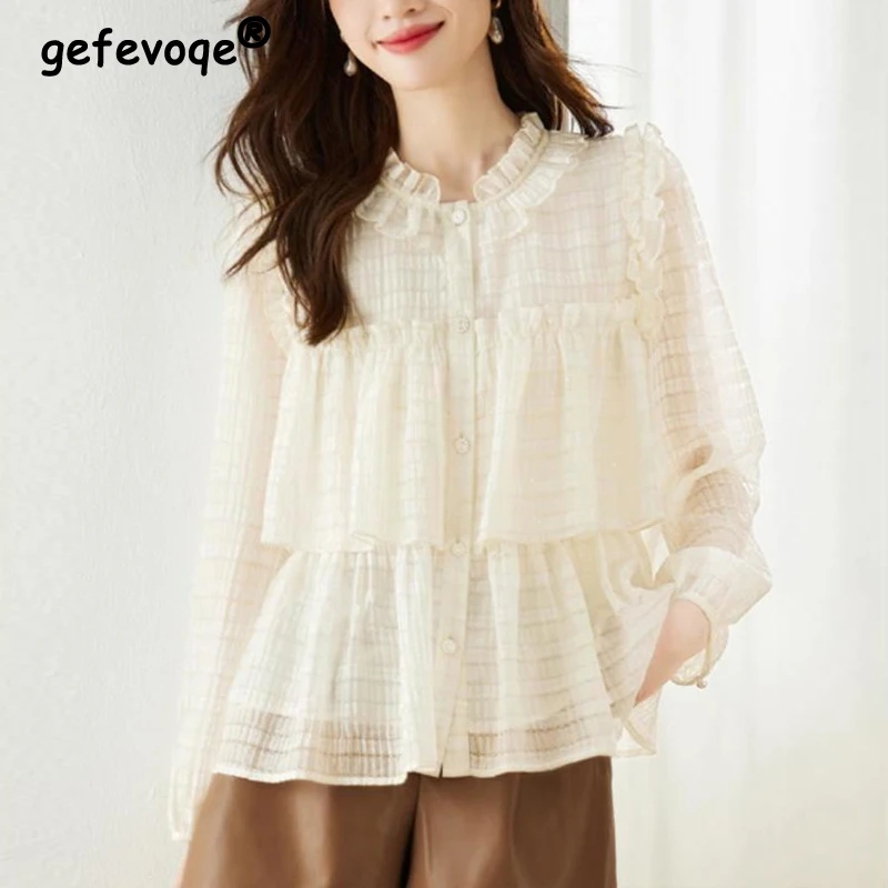 

Женские стильные блестящие рубашки с оборками и воротником-стойкой, однотонные свободные сказочные Топы с длинным рукавом