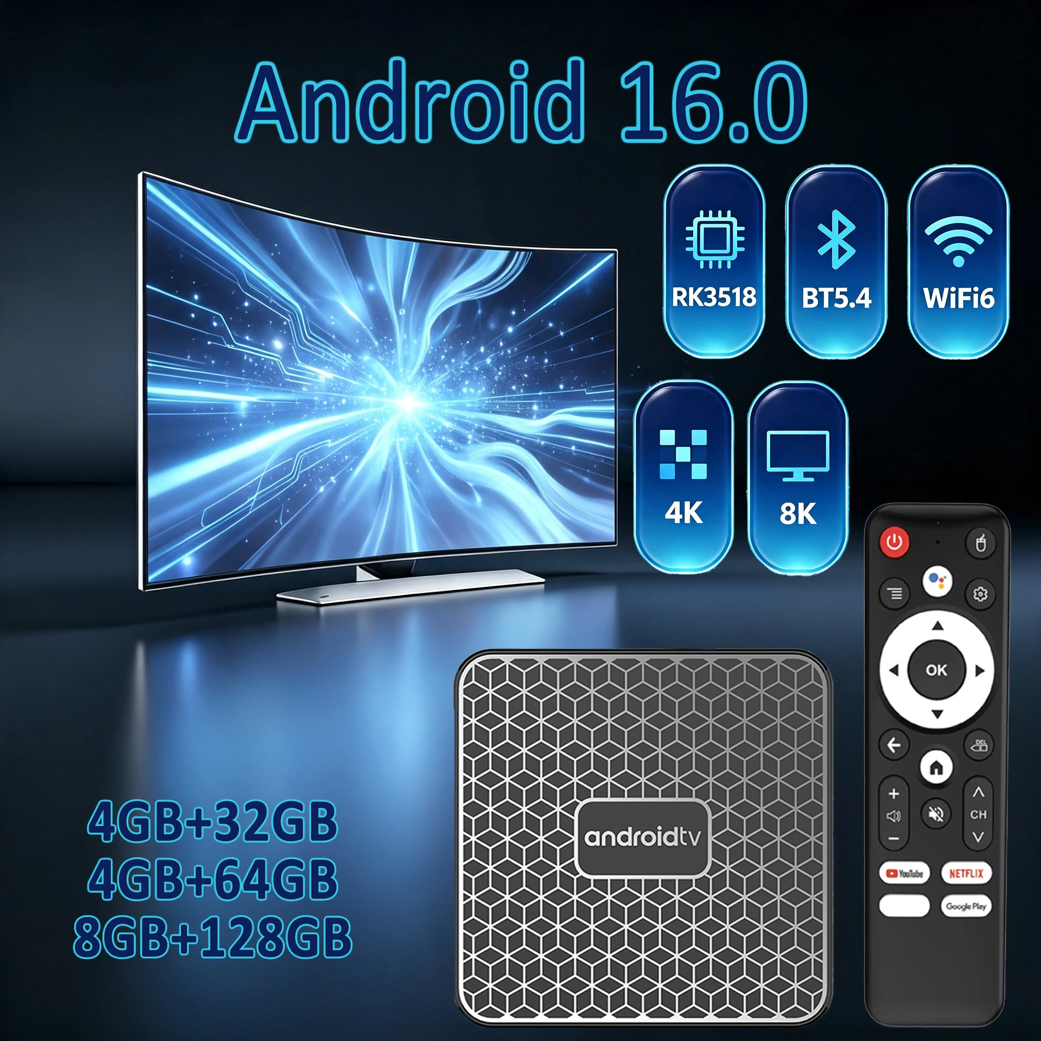 Android 16 Smart TV Box 8GB 128GB 4K 8K HDR Dual WiFi 6 BT5.4 T8S Support Voice Control Netflix YouTube Media Player Set Top Box