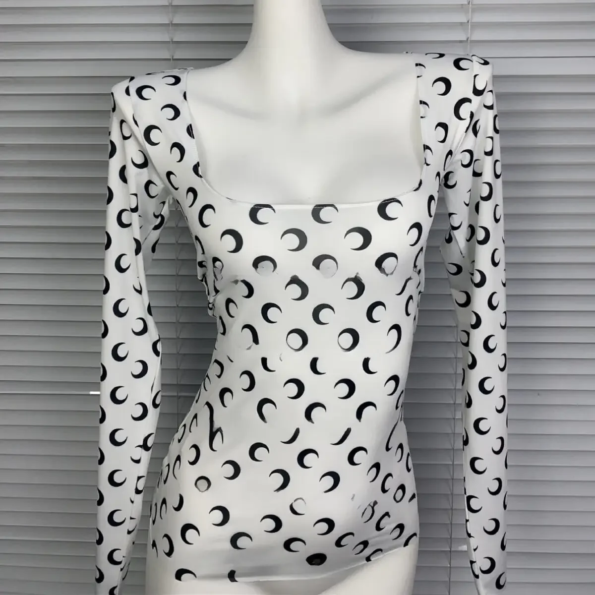 Moon Print Square Neck Long Sleeve Slim Elastic Top Women European American Fashion Summer Daily Versatile T Shirt