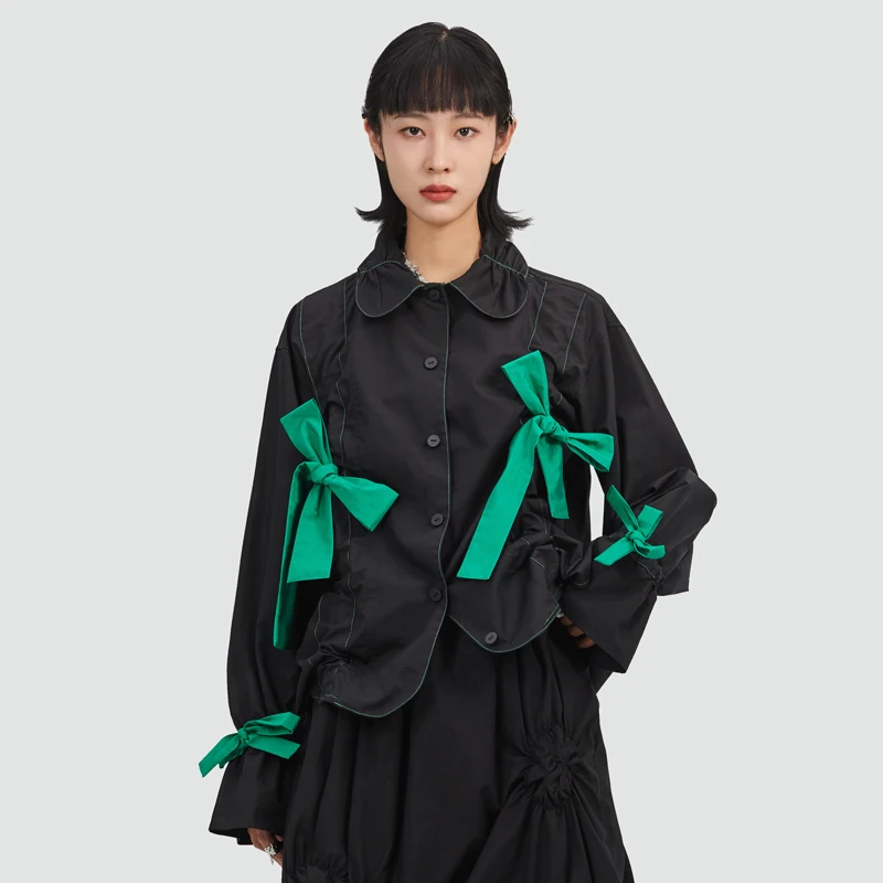 

KIOSQUE Original Design Long Sve irt Women's een And Bla Color Colion Pleated Knot Small ence Design