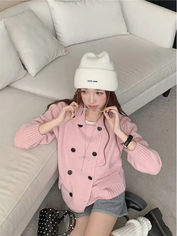 

Korean Sle Women's Knitted Cardigan Double Row Buttons Flip Collar Jaet Autumn Winter Faion Versatile Fake ket