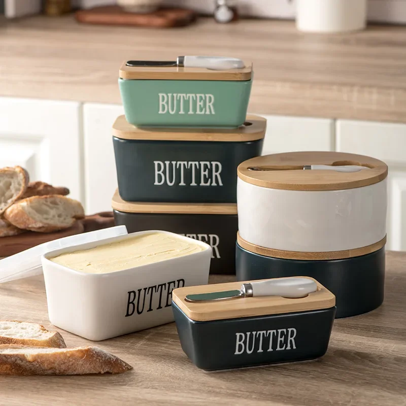 

Rectangle Butter Dish with Lid Countertop Butter Dish Ceramic Butter Keeper Container with Knife Sealing Cheese Refrigerated Box