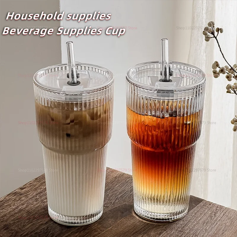 سعة كبيرة مع غطاء وقش كوب زجاجي بنمط عمودي كوب شاي فواكه كوب ماء للشرب كوب قهوة ثلج كوب شرب كوب شرب
