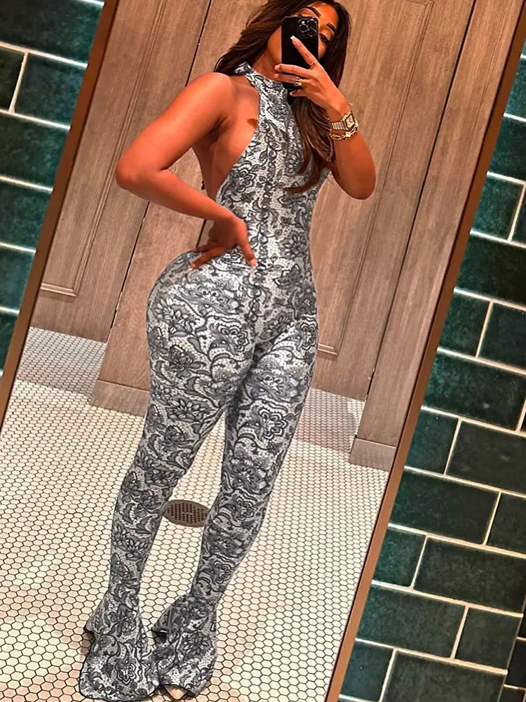 Mono de verano de color melocotón para mujer, mono de calle Sexy sin espalda, sin mangas, apretado, arabescos, de medianoche, de alta estiramiento