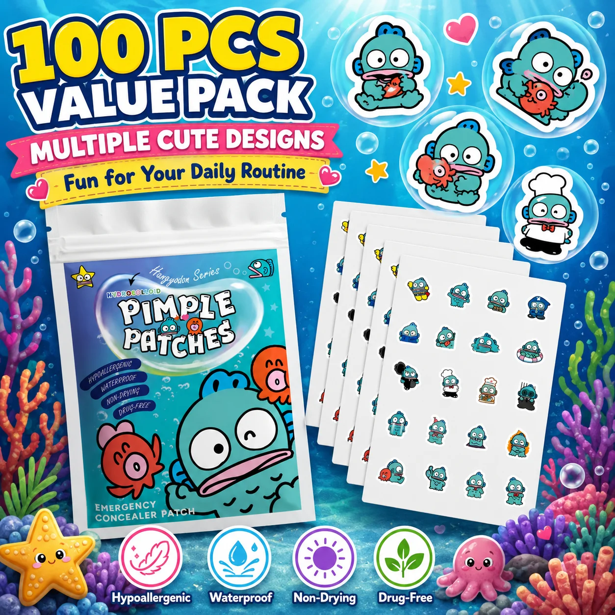 Sanrio Acne Pimple Patches, Hydrocolloid Spot Cover Stickers, Cute Face Care Patches for Daily Use
