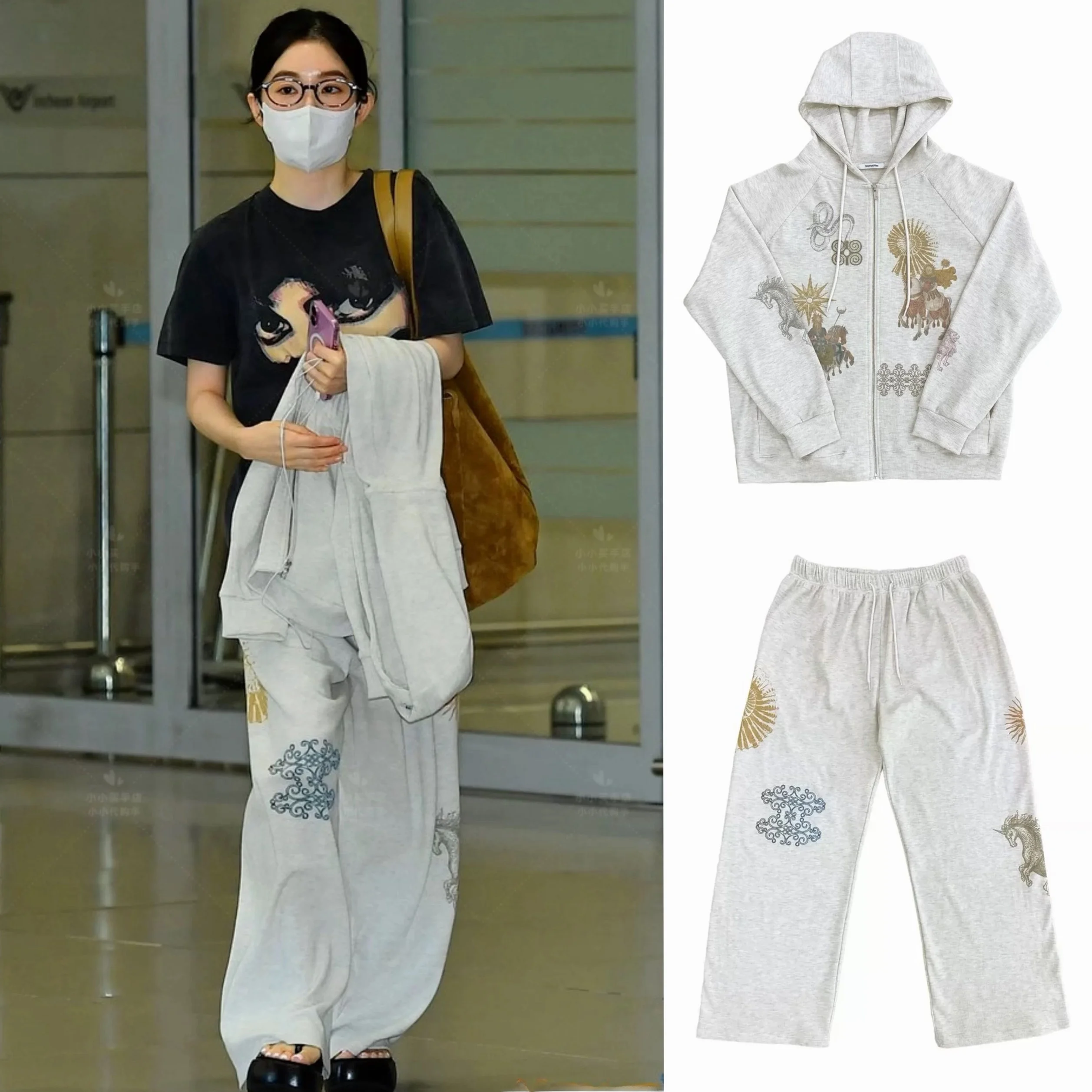 

Повседневный комплект из толстовки с принтом и брюк, женский хлопковый комплект с длинными рукавами на молнии, свободного кроя, весенне-осенний наряд, комплект из двух предметов