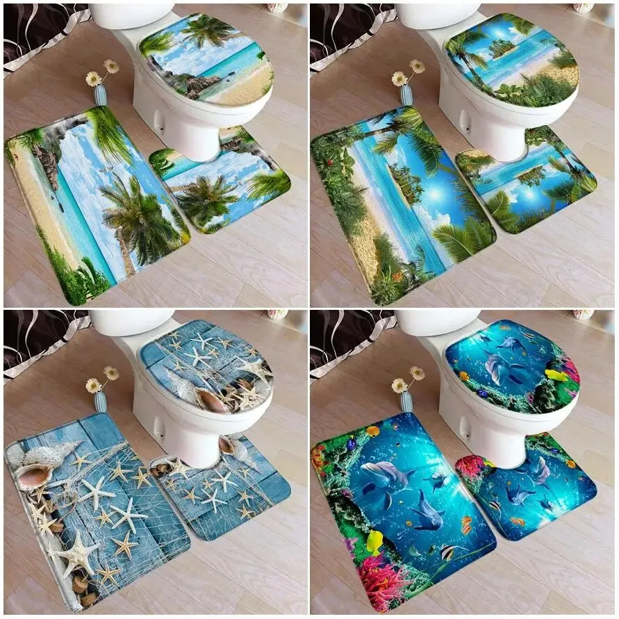 

Ocean Beach Bath Mat Set Island Palm Trees Dolphin Fish Coral Nature Scenery Home Carpet Bathroom Decor Floor Rugs Toilet Cover