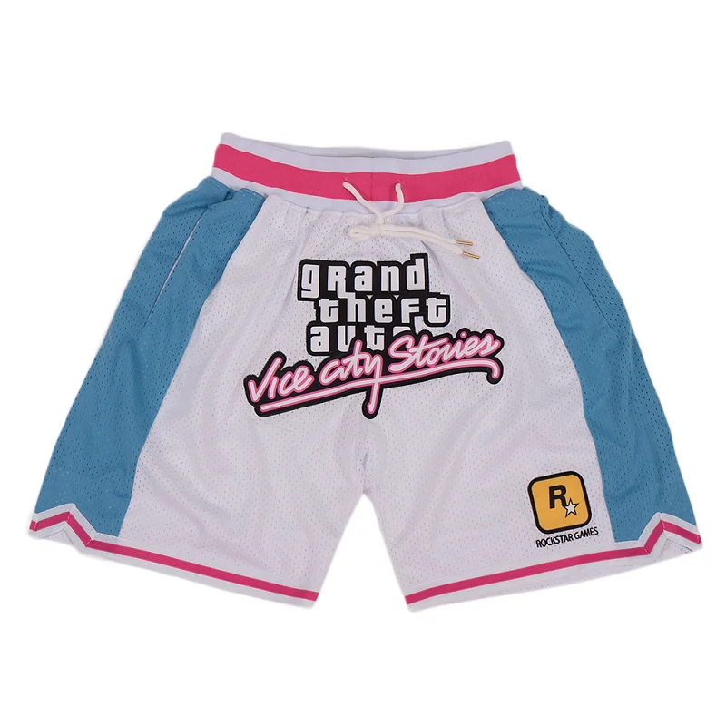 

Basketball shorts GTA Vice City Stories Four pockets Sewing embroidery Cheap High Quality outdoor sport Beach pants White Black