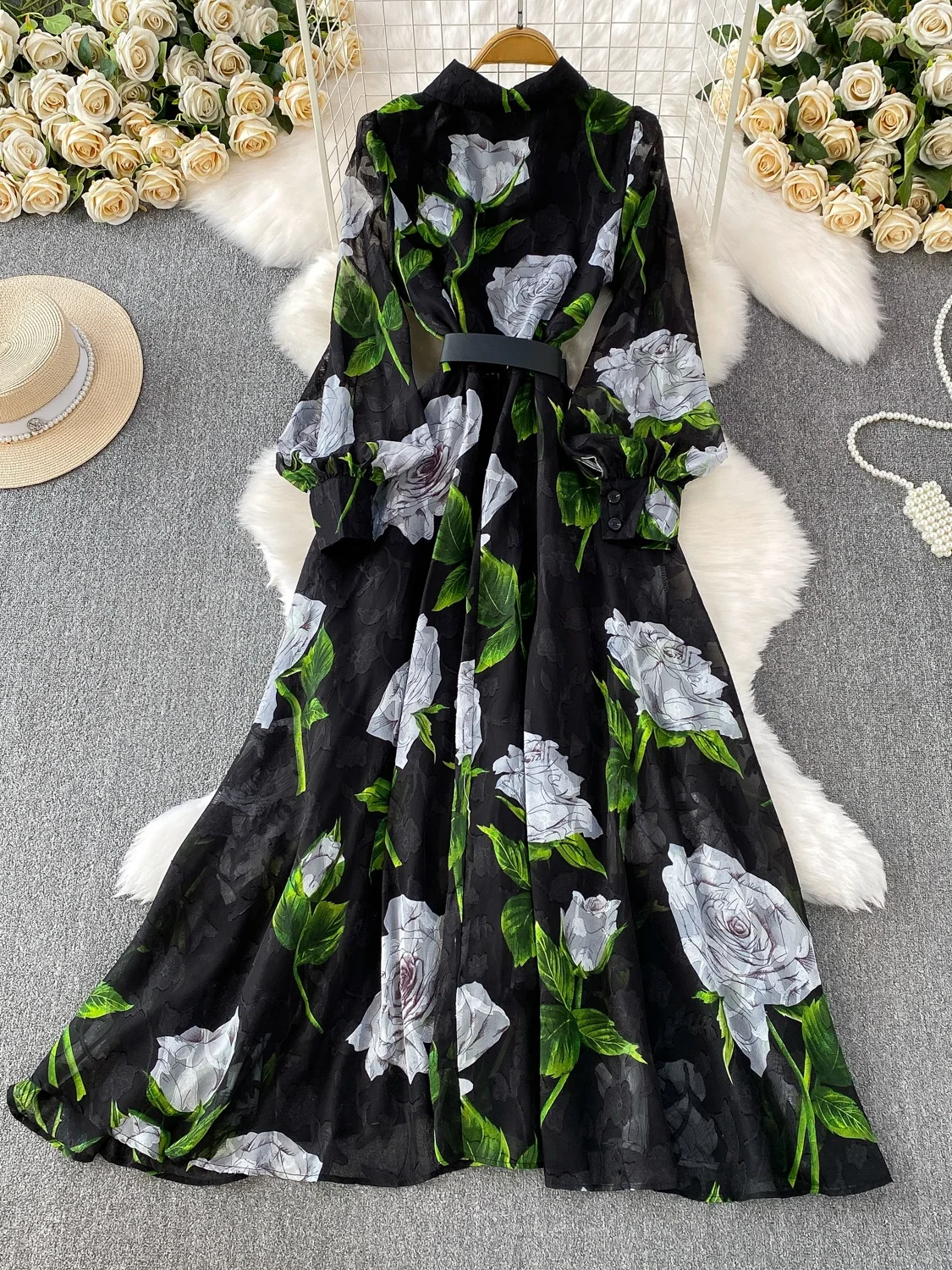 Ele Long Sve Floral Print Dr Women's Spring Autumn Single Button Waist Cinched Maxi Dr Commute Sle High Waist