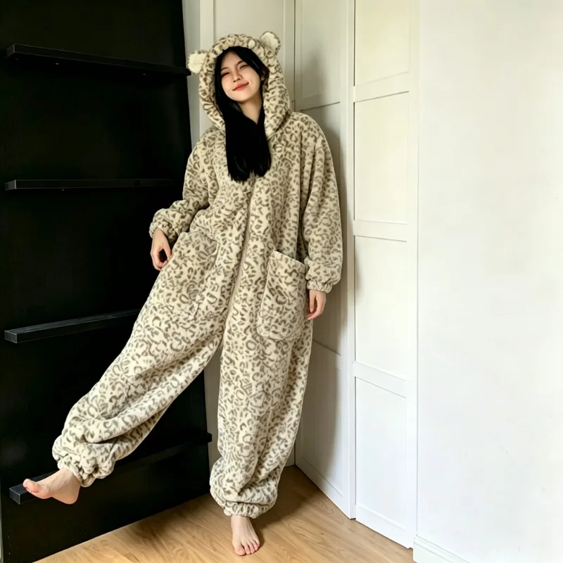 Winter Women Leopard Print Onesie Sleepwear Cute Hooded Ear Design Zip Up Warm One Piece Loungewear Jumpsuit With Side Pockets