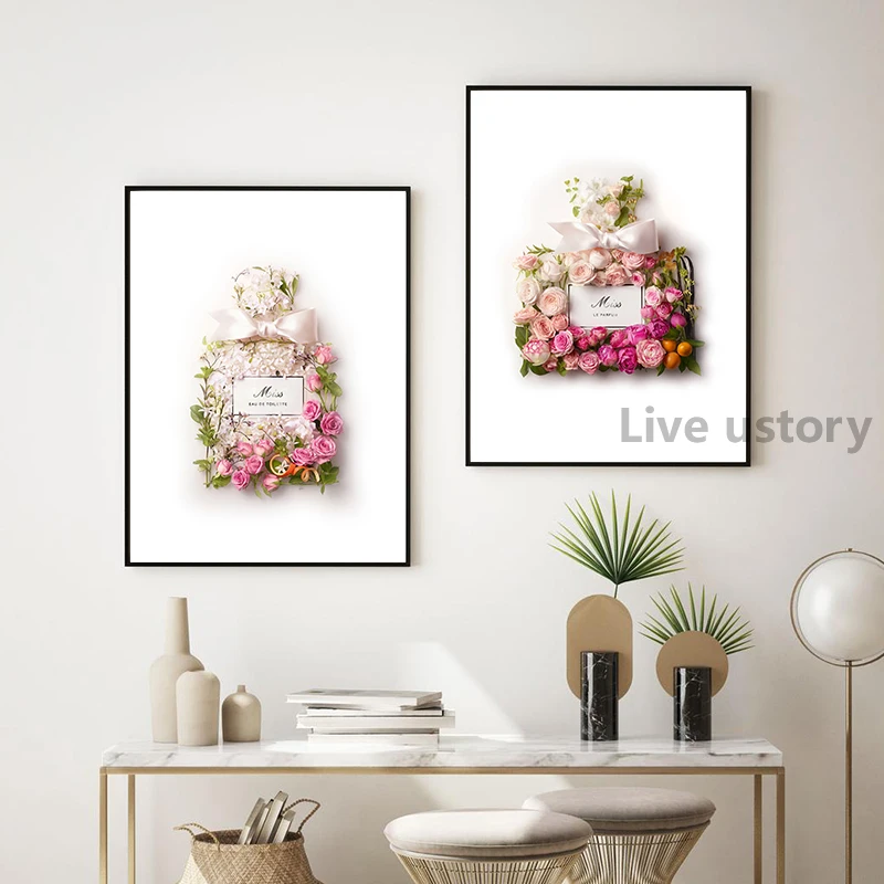 Fashion Flower Dress Prints Blush Pink Perfume Floral Bottle Posters Nordic Luxury Decor Wall Art Canvas Painting Home Decor