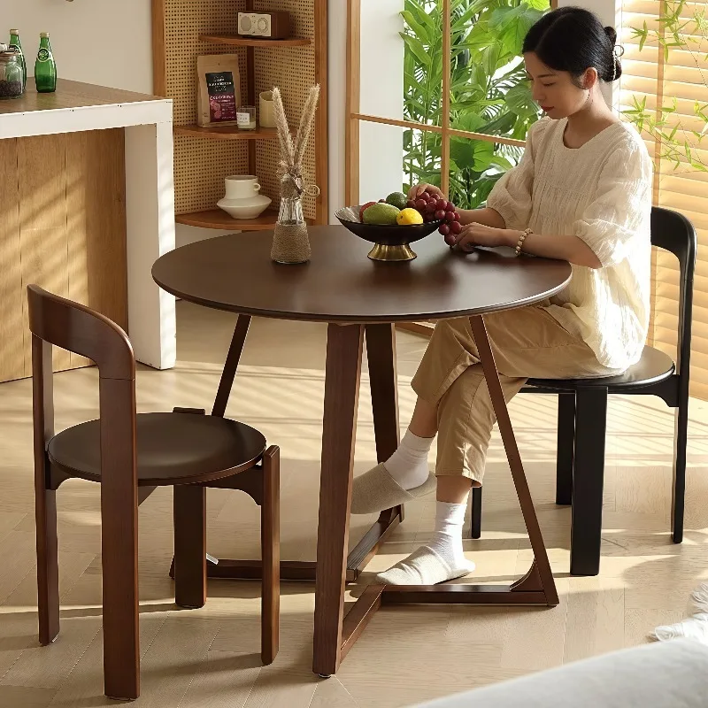 

Solid wood round dining table and chairs, antique style on the balcony of the living room, black walnut retro design casual