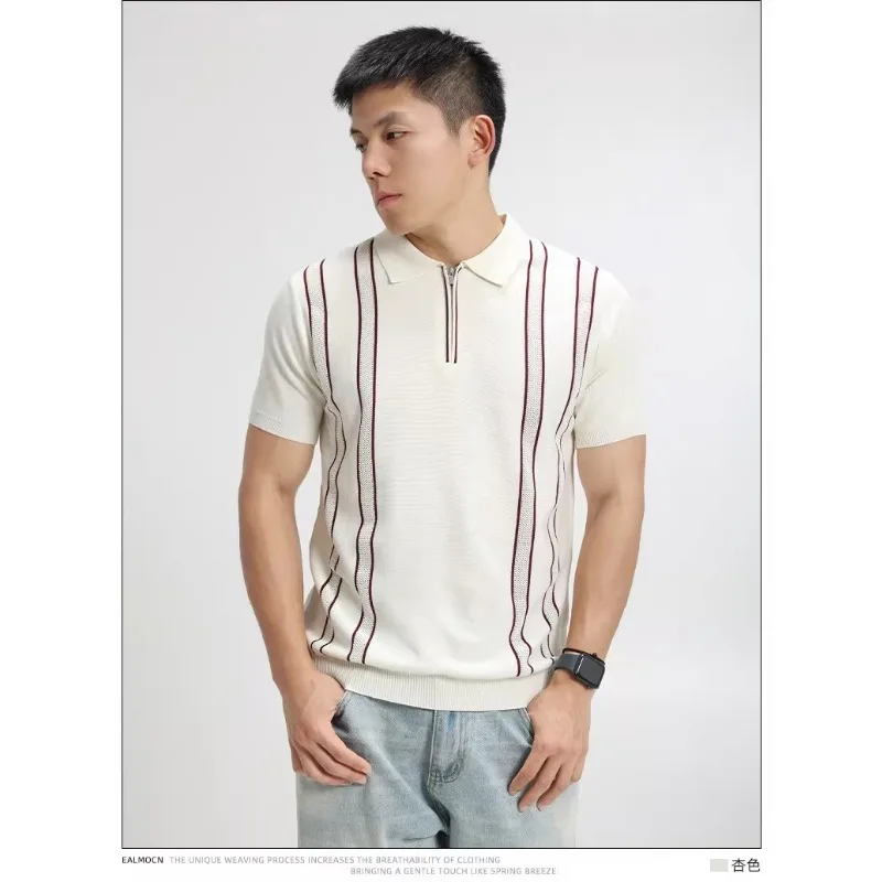 Men's Vintage Heavy Ice Silk Polo Shirt Short Sleeve Lapel Cooling Wrinkle Free Elastic Casual Top S-XXL