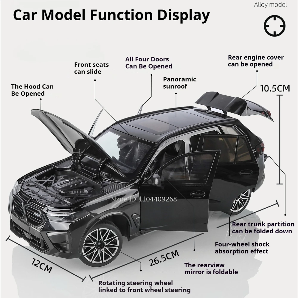 Modelo de coche X5M de gran tamaño 1:18, cuerpo de aleación de juguete, neumáticos de goma, tobogán hacia adelante, absorción de impacto, modelos de vehículos, adornos de escritorio